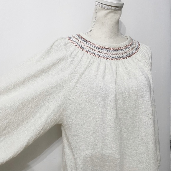 MADEWELL OFF WHITE  SUPERLIGHT JACQUARD EMBROIDERED SMOCKED LONG SLEEVE BLOUSE - Picture 5 of 10